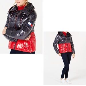 Tommy Hilfiger XS Women’s Red Navy Puffer Jacket Glossy Hooded Coat Zip Up